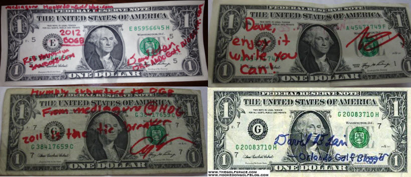 Here are the dollar bills that have changed hands over the years.. One seems to be missing though..